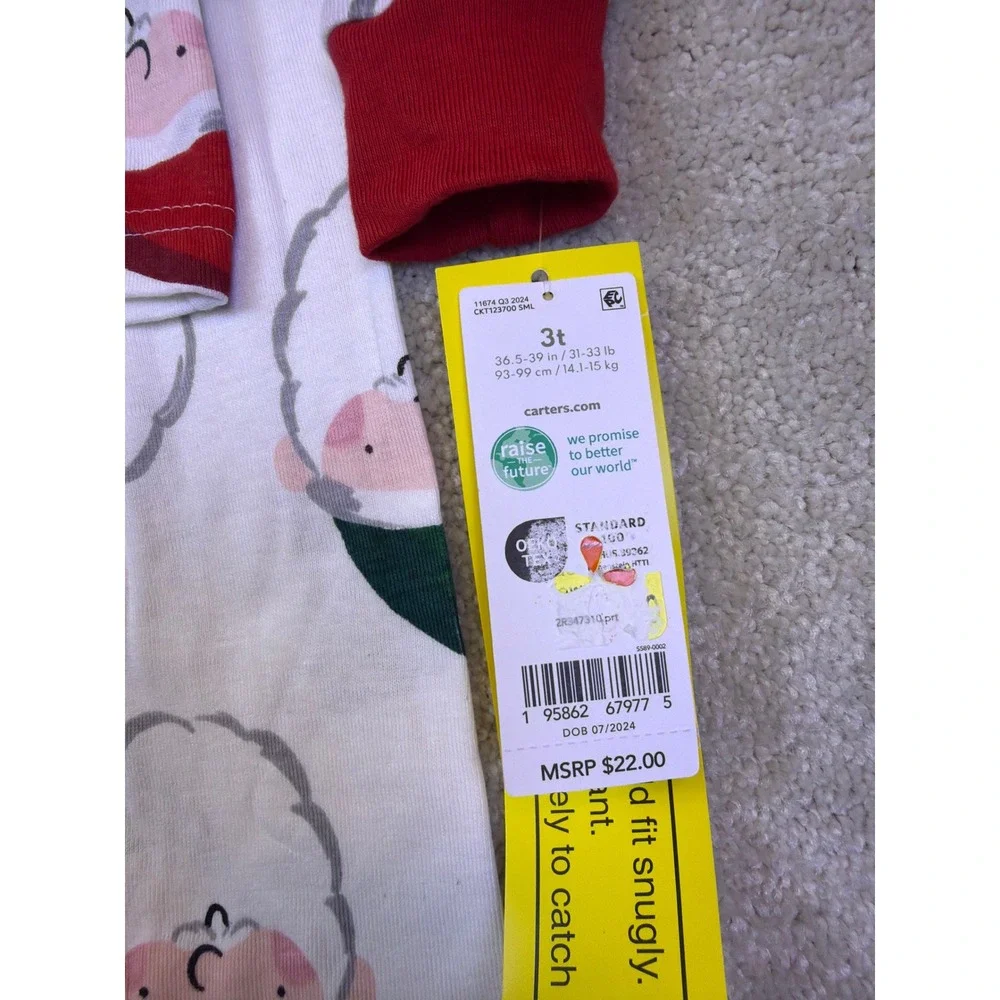 Carter's Pajama Set Toddler 3T White Santa Claus Print Long Slv Snug Christmas
